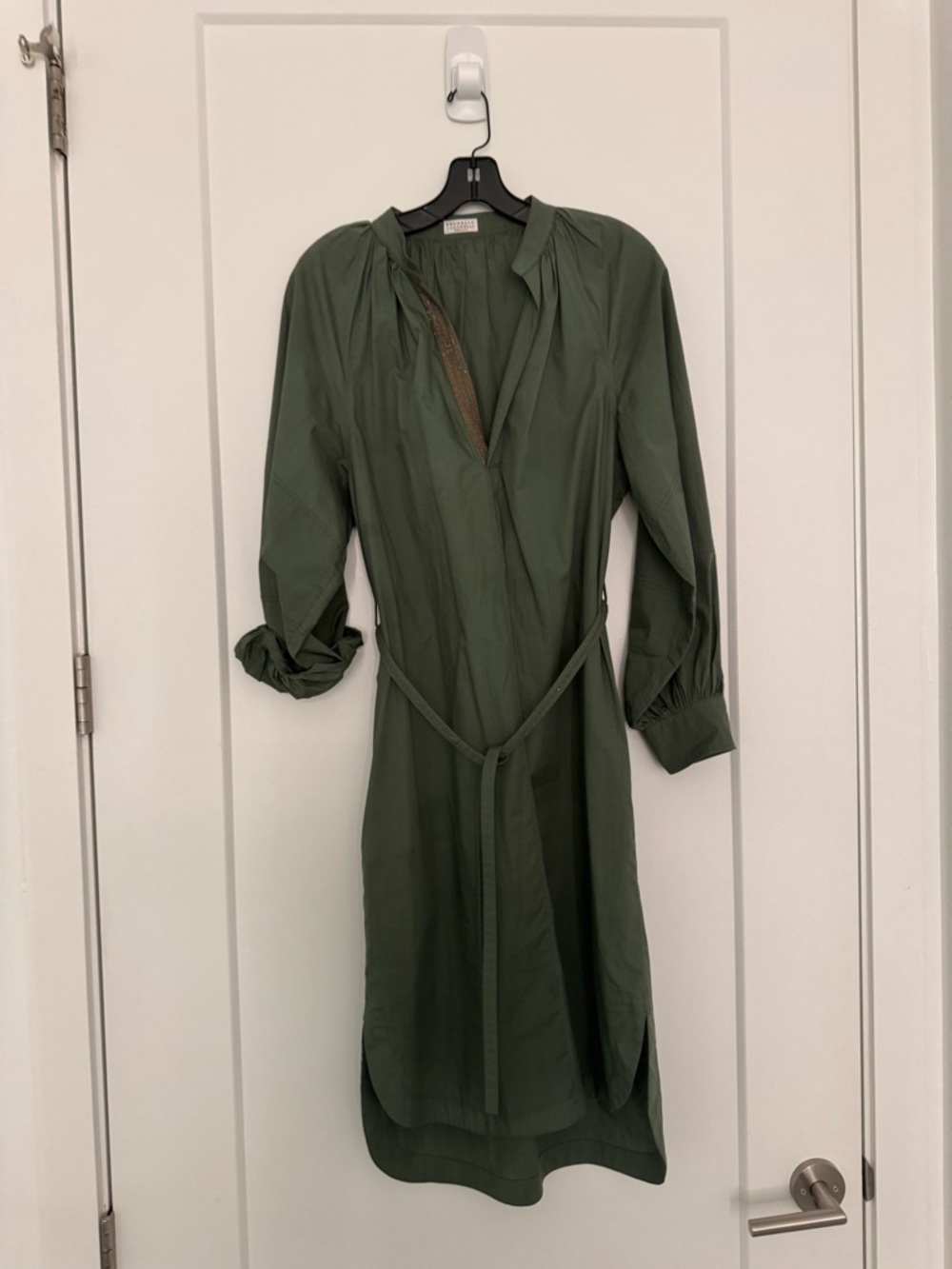 Brunello Cucinelli Olive Green Midi Shirt Dress with Self Tie - Small